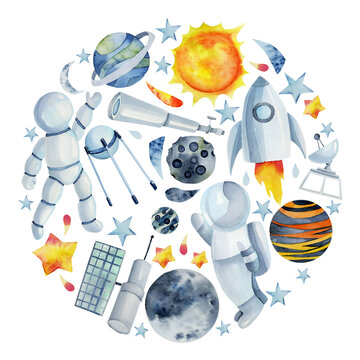 Round composition of watercolor space elements (astronaut, rocket, satellite, planets, comet, etc.), hand drawn isolated illustration on white background, clipart for kids