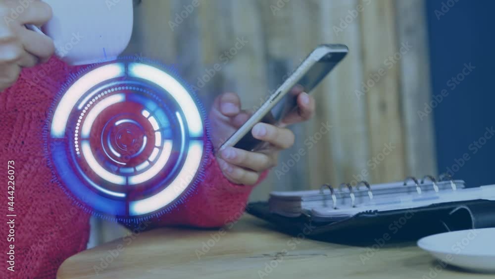 Poster animation of scope scanning over woman using smartphone