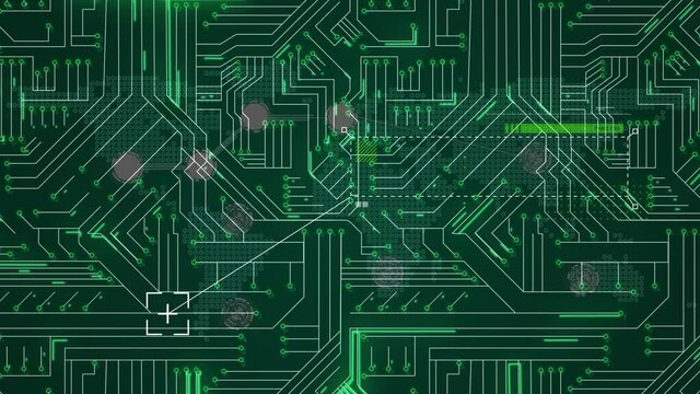 Animation of scope scanning over green light trails on computer circuit board