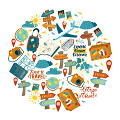 Round composition of travel and tourism elements, hand drawn isolated illustration on white background © nastyasklyarova