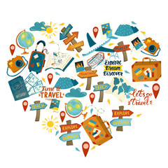 Fototapeta premium Heart composition of travel and tourism elements, hand drawn isolated illustration on white background