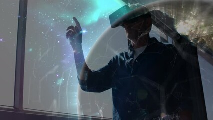 Animation of network of connections over man wearing vr headset - Powered by Adobe