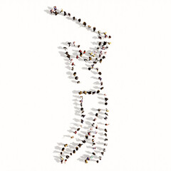 Concept or conceptual large community of people forming the image of a golf player on white background. A 3d illustration metaphor for sport, competition, recreation, leisure, lifestyle and hobby