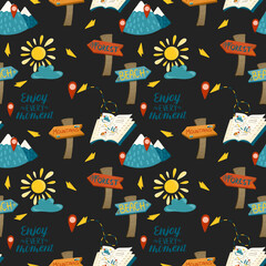 Seamless pattern of travel and adventure elements, hand drawn illustration on dark background