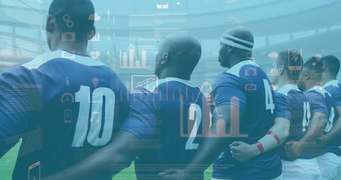 Animation of statistics and icons over rugby players