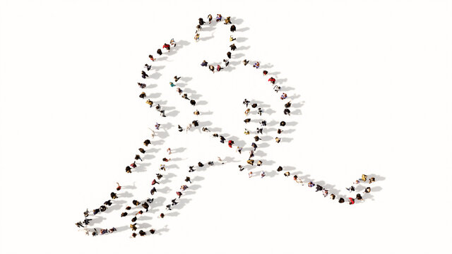 Concept or conceptual large community of people forming the image of a hockey player on white background. A 3d illustration metaphor for sport, competition, training, speed, power and strength