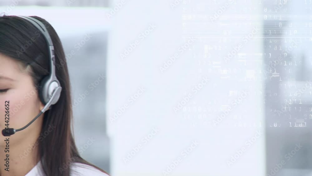 Poster animation of binary coding data processing over businesswoman using phone headset