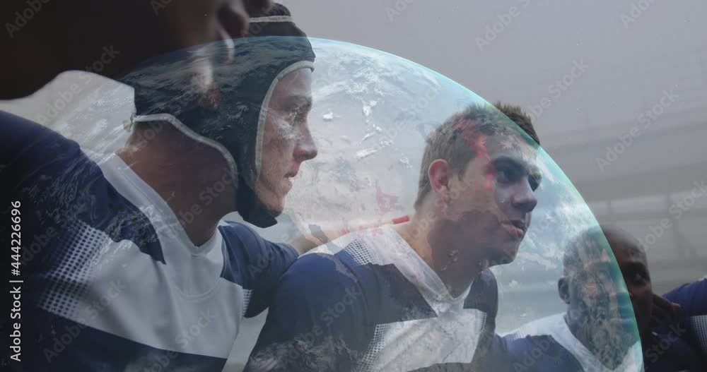 Aufkleber animation of globe with data processing over rugby players