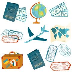 Set of travel and tourism elements, hand drawn isolated illustration on white background - 444226639