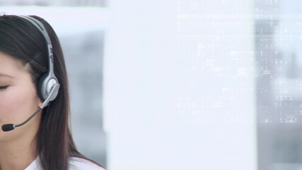 Animation of binary coding data processing over businesswoman using phone headset - Powered by Adobe