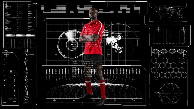 Animation of rugby player over network of connections and data processing - Powered by Adobe