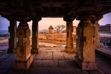 Beautiful ancient architecture of temples on Hemakuta Hill, Hampi, Karnataka, India.