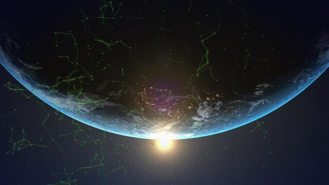 Animation of glowing network of connections over planet earth