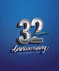 32nd years anniversary celebration logotype with silver color and blue ribbon isolated on blue background