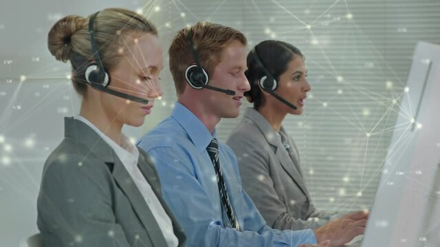 Animation of network of connections business people wearing phone headsets