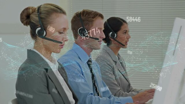 Animation of network of connections business people wearing phone headsets