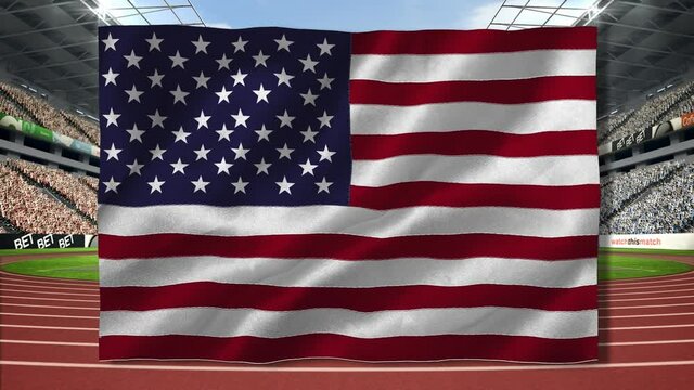 Composition of waving american flag over stadium