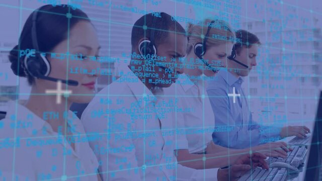 Animation of data processing oper business people using phone headsets