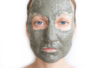 Portrait young adult beautiful caucasian woman applying natural gray clay face mask at home isolated on white background. Female person making self facial cleansing moisturizing treatment care