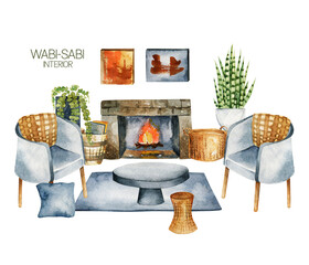 Watercolor interior scene of living room in wabi-sabi style, simple living concept, hand drawn illustration on white background