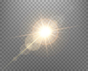 Sunlight lens flare, sun flash with rays and spotlight. Gold glowing burst explosion on a transparent background. Vector illustration.