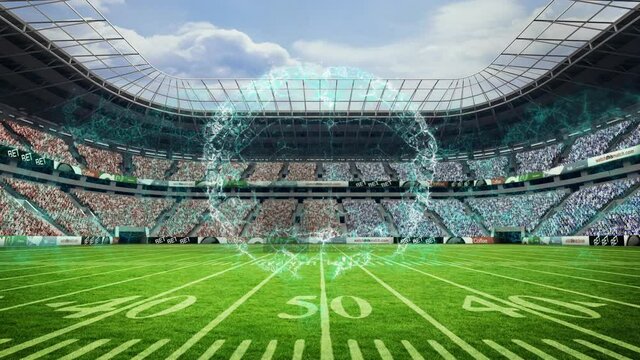 Animation of rotating brain over rugby stadium