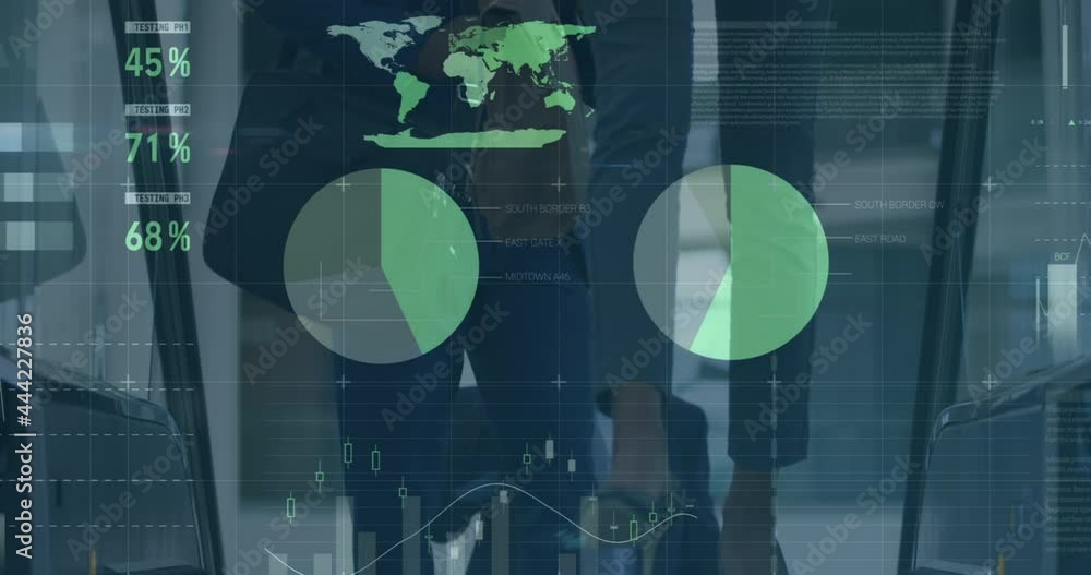 Aufkleber animation of statistics and financial data processing over business people on escalator