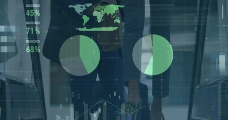 Animation of statistics and financial data processing over business people on escalator - Powered by Adobe