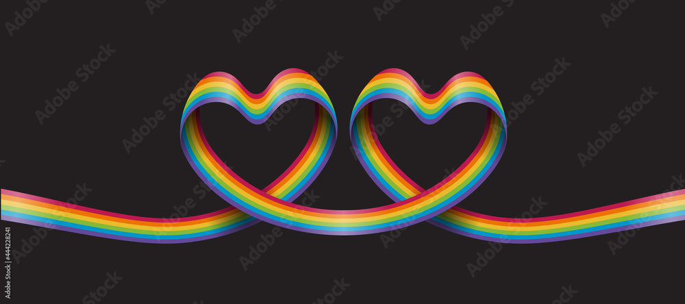 Poster rainbow pride ribbon roll make twin heart shape on dark background vector design
