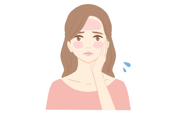 顔が日焼けして赤くなっている若い女性のイラスト