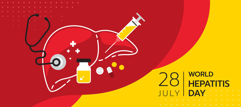 World Hepatitis Day - White Line Border Liver Sign With Hepatitis Vaccinations, Stethoscope And Pills On Red Yellow Background Vector Design