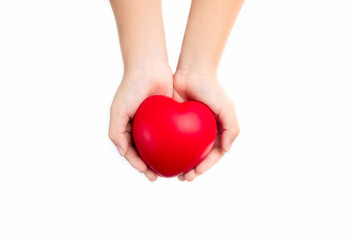 close up two hands holding red heart separated white background