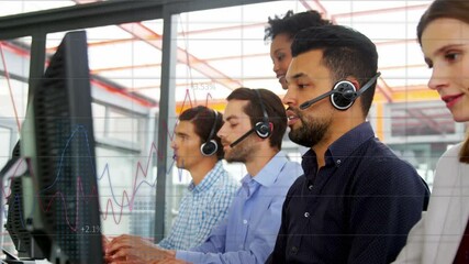 Animation of statistics and data processing over business people wearing phone headsets - Powered by Adobe