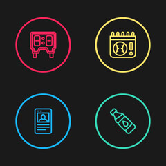 Set line Baseball card, Bottle of water, Calendar with baseball game and mechanical scoreboard icon. Vector