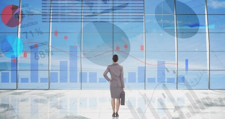 Animation of statistics and financial data processing over businesswoman in office - Powered by Adobe