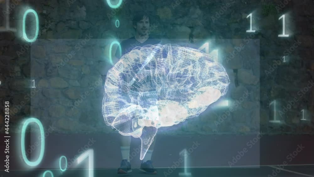 Poster animation of human brain spinning and binary coding over male tennis player