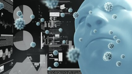 Animation of human head, covid 19 cells and statistics with data processing