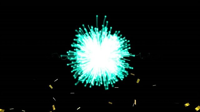 Animation of gold confetti falling and blue firework exploding on black background