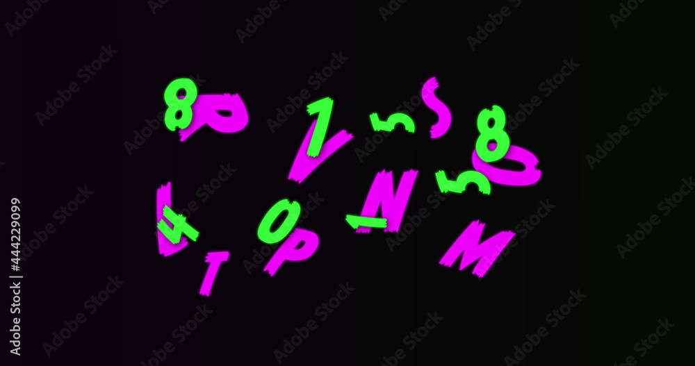 Aufkleber neon random numbers and alphabets moving and changing against black background