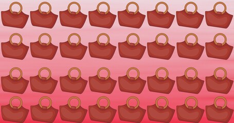 Composition of brown handbags repeated in rows, on graduated red to pink background