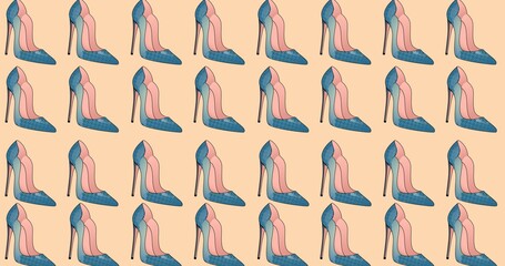 Fototapeta na wymiar Composition of blue stiletto shoes repeated in rows, on pale pink background