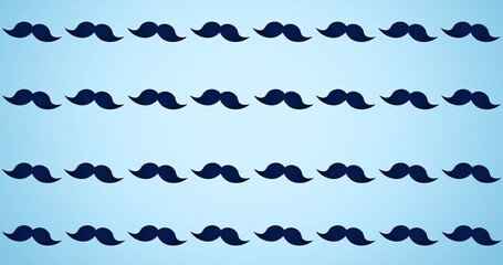 Composition of black moustaches repeated in rows, on pale blue background