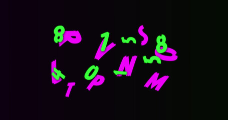 Neon random numbers and alphabets moving and changing against black background