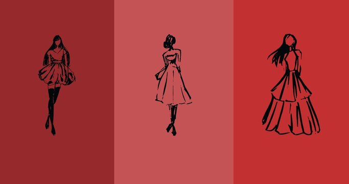 Composition of three fashion models in dresses over three shades of red background