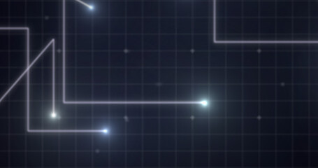 Image of glowing white points with light trails moving on grid on purple background