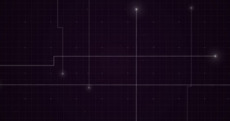 Image of glowing points with light trails forming grid on purple background
