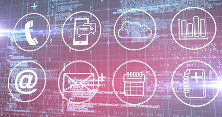 Image of multiple digital icons over data processing and grid