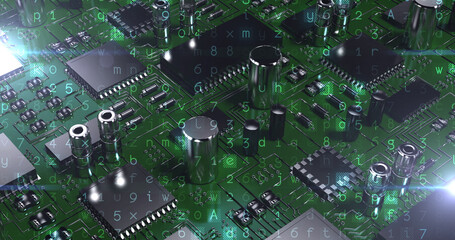 Image of computer circuit board elements and binary coding over green background