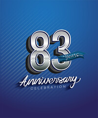 83rd years anniversary celebration logotype with silver color and blue ribbon isolated on blue background