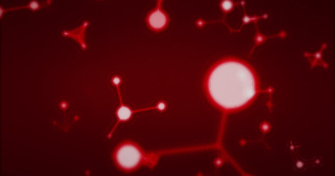 Image of multiple 3d glowing red molecules moving and spinning